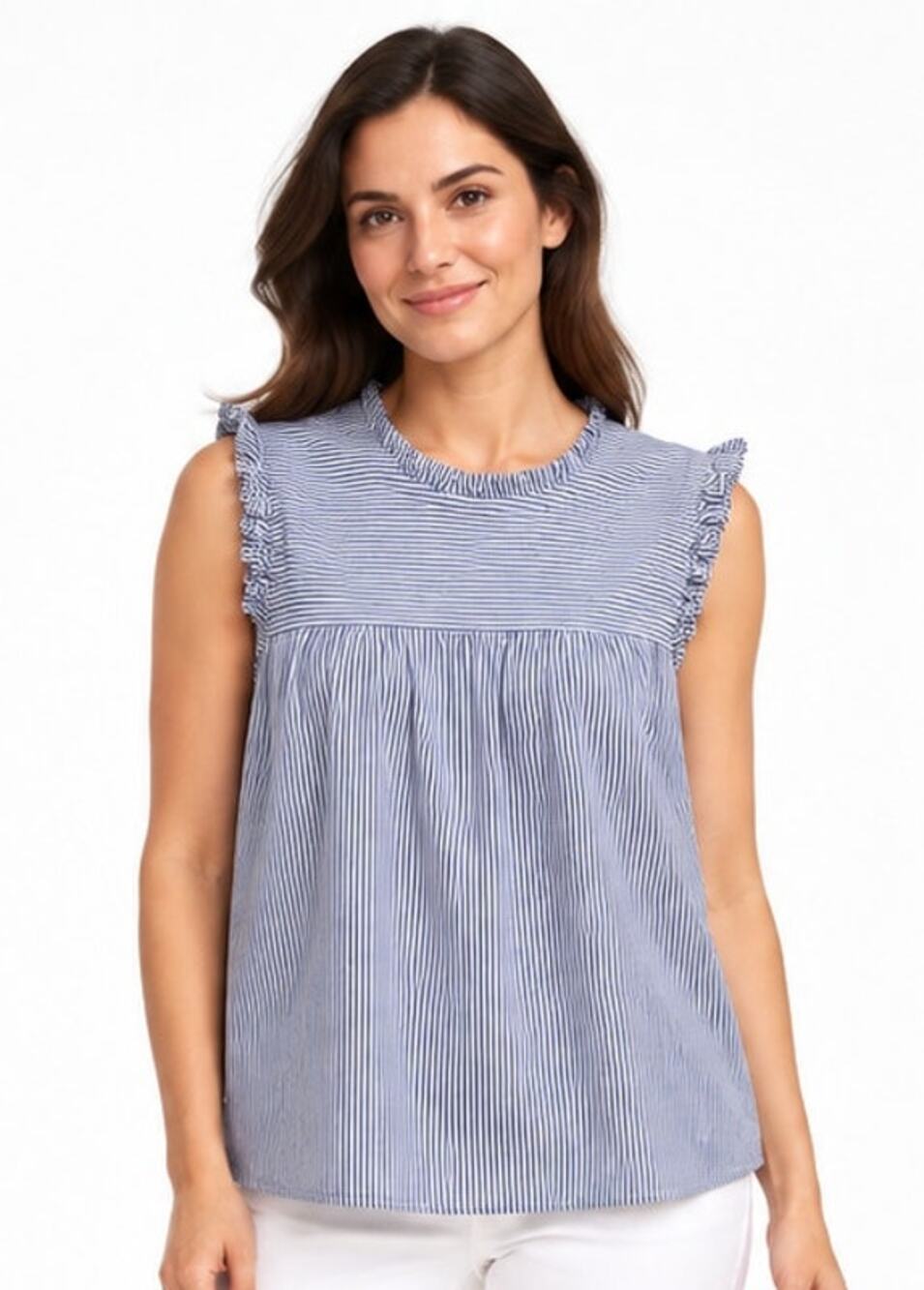 J.Crew Blue White Striped Ruffle Sleeveless Blouse EUC Size 0